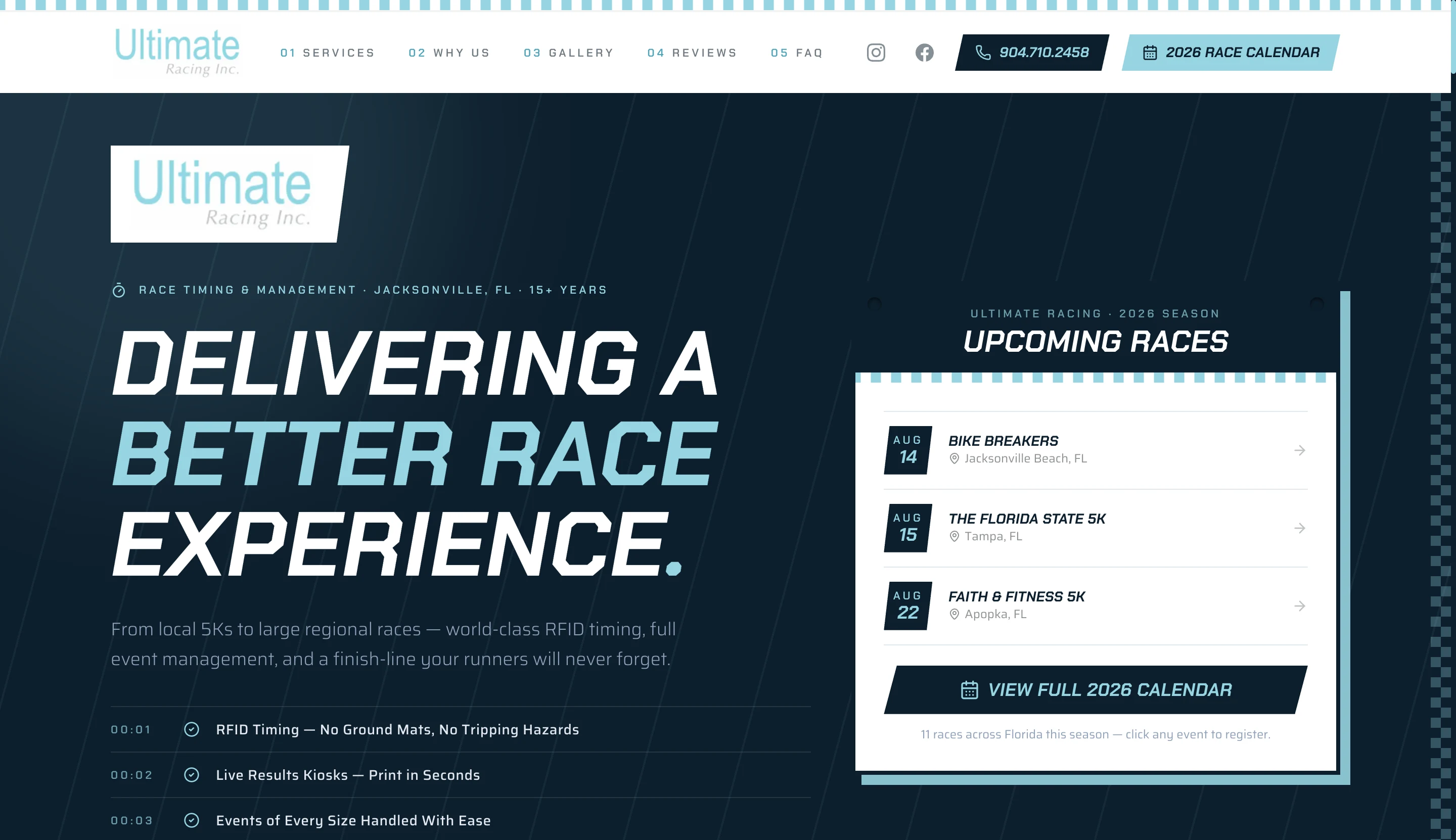Ultimate Racing website — kinetic dark-blue hero with an upcoming races panel